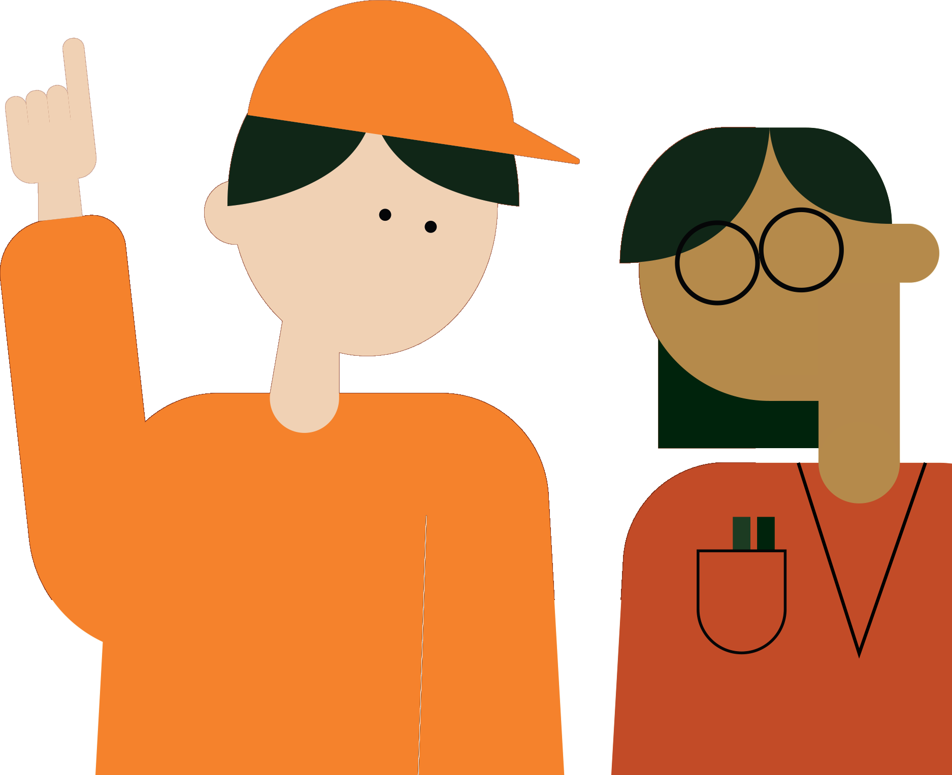 Man in builders hat pointing with woman